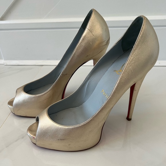 Christian Louboutin Gold Peep-Toe Heels - Picture 1 of 7